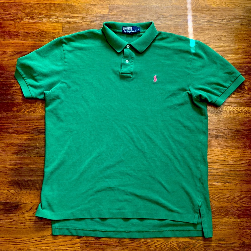 Men’s short sleeve polo by Ralph Lauren size large green  with pink pony